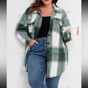 NEW SHEIN Plus Plaid Flap Pocket Drop Shoulder Coat